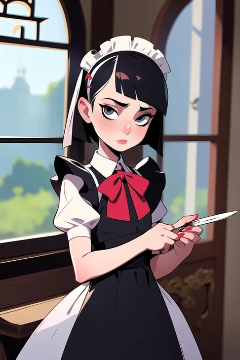 anime girl in maid outfit holding a knife and looking at a tablet