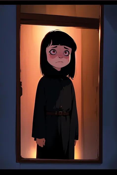 a cartoon picture of a woman in a black dress standing in a doorway