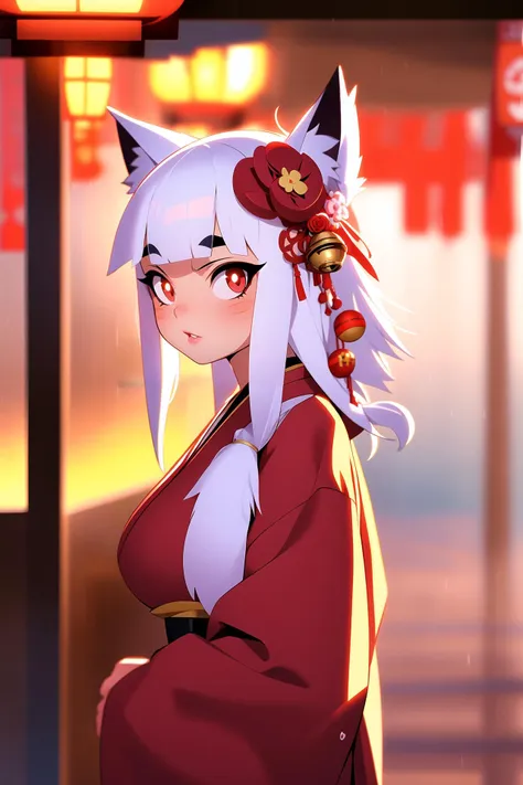 a close up of a woman in a red dress with a cat ear