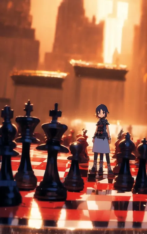 anime character standing on a chess board surrounded by chess pieces