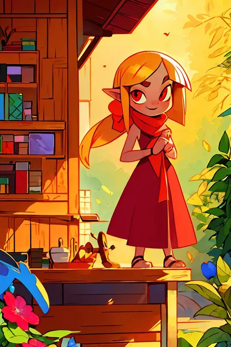 a cartoon girl standing in a room with a wooden table