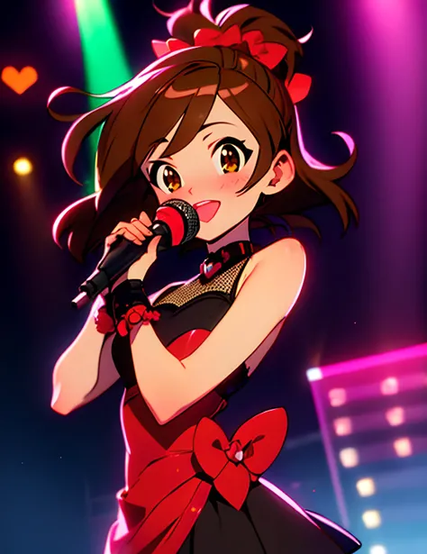 looking at viewer,photo-referenced,holding microphone,heart hands,model request,solo,1girl,ryuurinoki,blush,microphone,gloves,black gloves,brown hair,idolmaster shiny colors,heart,tsuchiya rio,holding,metadata request,idolmaster,higuchi madoka