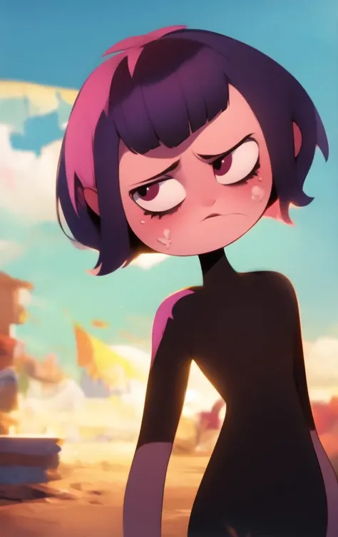 a cartoon girl with purple hair and black top standing in front of a desert