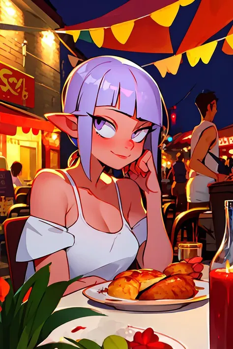 anime girl sitting at a table with a plate of food and a drink