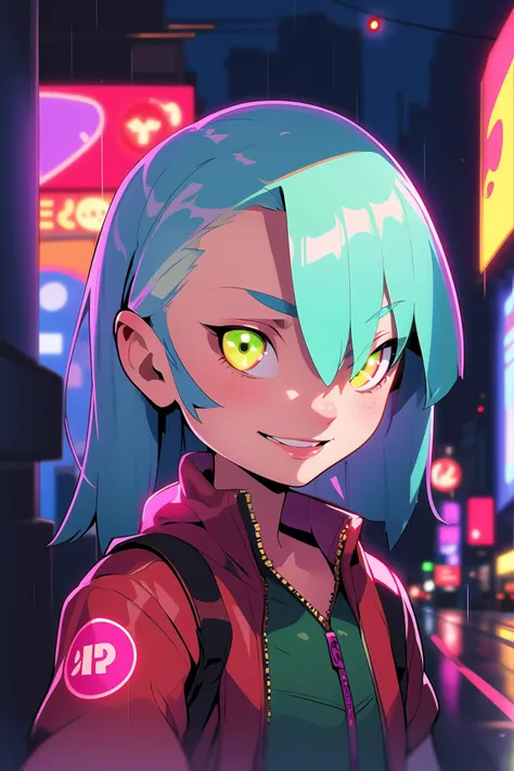 a woman with blue hair and green eyes standing in the middle of a city