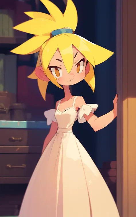 a cartoon girl in a white dress standing in a room