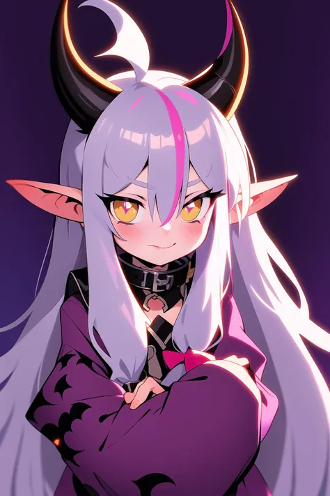 a close up of a person with long hair and horns