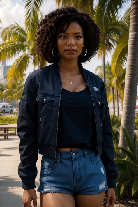 a woman in a black jacket and denim shorts standing on a sidewalk