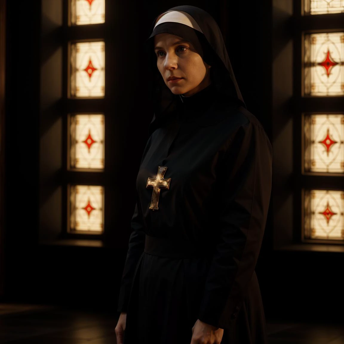 female nun,masterpiece,8k,best quality,perfect light,perfect shadow,photorealistic,detailed,praying infront of a demon,standing infront of demon,demon infront of her,