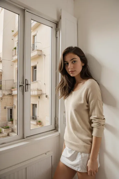 1girl, Matera from inside of a Apartment, very Dull