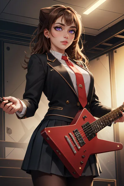 (masterpiece, best quality, ultra detailed, absurdres:1.5), 1girl, (sexy, beautiful woman, perfect face, perfect eyes, perfect female body:1.5), (toyama kasumi, brown hair, cone hair bun, star hair ornament, pleated skirt, shirt, necktie, blazer, pantyhose...