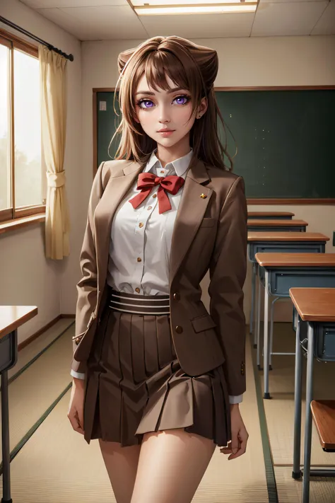 anime girl in school uniform posing in a classroom with desks