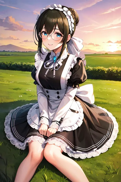 masterpiece, best quality, highres, eefumika, idolmaster, single hair bun, maid headdress, sidelocks, glasses, frills, brooch, maid, black dress, puffy sleeves, long sleeves, maid apron, white apron, <lora:sagisawa_fumika_v1:0.8>,  sitting, on floor, field...