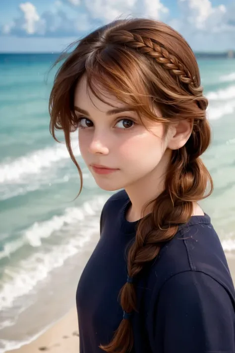 a close up of a woman with a braid in her hair