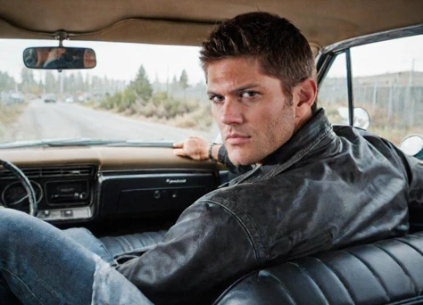 <lora:Chevrolet_Impala_67:0.6> Interior rear view shot of a person sitting in the Chevrolet Impala 1967 car with Dean Winchester behind the driver wheel