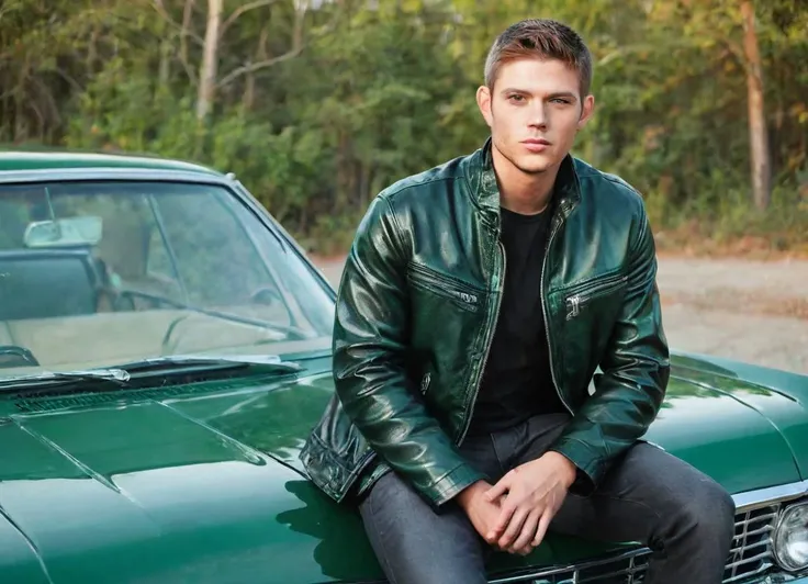 <lora:Chevrolet_Impala_67:0.6>  handsome guy in a black leather jacket sitting on a shiny green Chevrolet Impala 1967 car