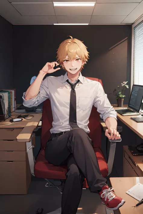 (masterpiece, best quality:1.2), <lora:csm_denji-10:1>, solo, male focus, 1boy, denji, sharp teeth, grin, looking at viewer, sitting in an office chair, blonde hair, brown eyes, white collared shirt, black necktie, black pants