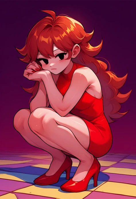 a cartoon girl in a red dress crouches down on a checkered floor