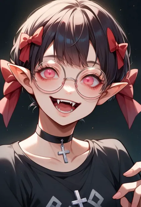 score_9, score_8_up, score_7_up, source_anime, female, round eyewear, fangs, humanoid pointy ears, (red eyes, pink eyes), black hair, short hair, short twintails, hair bow, black background, smile, open mouth, black shirt, choker, cross, hair across eyes