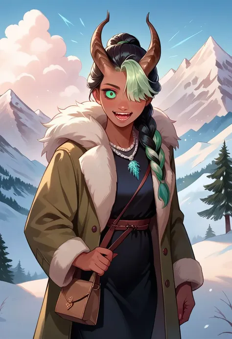 a woman with horns and a long green hair standing in the snow