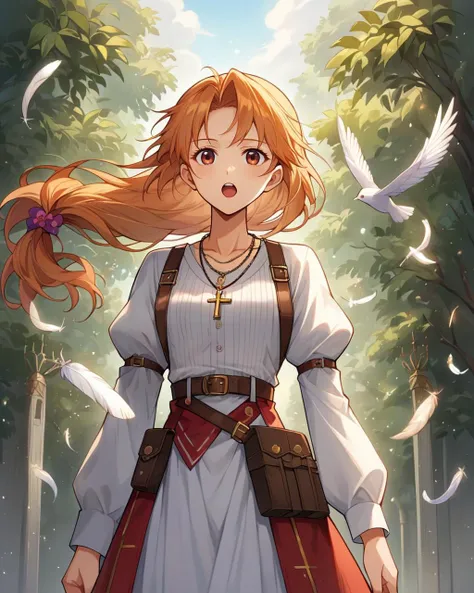 score_9, score_8_up, 1girl, masterpiece,,looking_at_viewer,third-party_source,dress,feathers,cross_necklace,cowboy_shot,brown_eyes,official_art,white_feathers,low-tied_long_hair,matsubara_hidenori,necklace,floating_clothes,red_sleeves,black_stripes,sideloc...