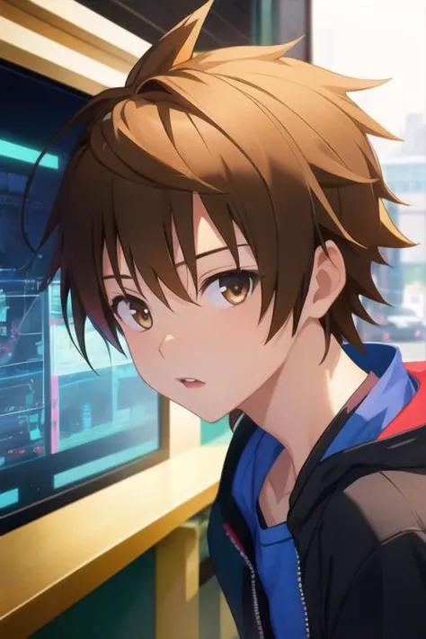 masterpiece, best quality, game cg, 1boy, solo, male focus, looking at viewer, upper body, , <lora:rito_yuuki:0.68>, rito_yuuki, brown hair, brown eyes, spiked hair, , science fiction cyberpunk, 4k resolution