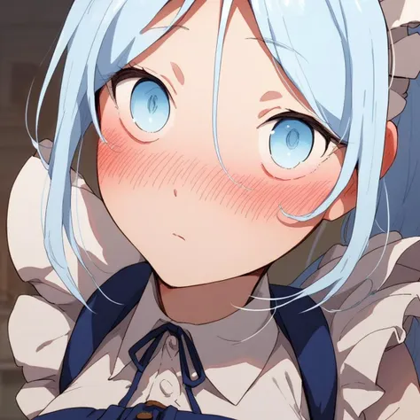 anime girl with blue eyes and white hair wearing a blue dress