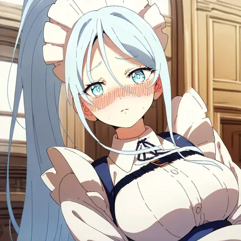 anime girl with blue hair and white dress posing in a room