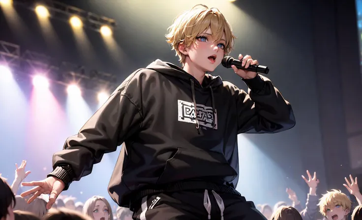 (best quality:1.1), (masterpiece:1.2),
(1boy:1.2), (solo), (mature male), rapper, (baggy clothes:1.4), short hair, singing, hoodie, baggy pants, concert, crowd, on stage, intense spotlight, blonde, blue eyes, (detailed eyes:1.2),