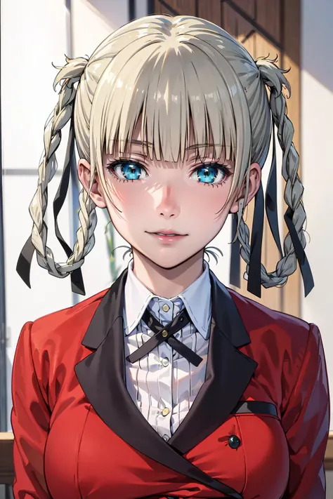 (best quality:1.1), (masterpiece:1.4), (absurdres:1.0), portrait,
1girl, momobami kirari, (hair_rings:1.2), braid, blunt bangs, blue eyes, school uniform, red jacket, looking at viewer, 
 <lora:Kizuki - Kakegurui - Momobami Kirari:0.90>