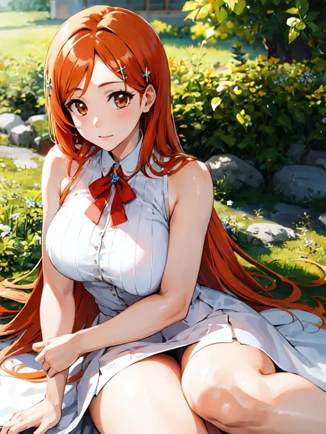 (best quality, masterpiece:1.2), ultra detailed, 1girl,  <lora:inoueorihime-LYCORIStest:1>, inoue orihime, orange hair, long hair, large breasts, hair ornament, 
white dress, skirt,