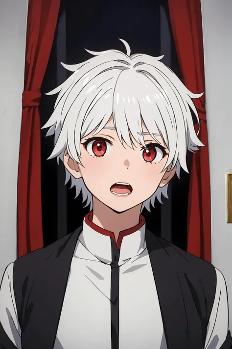 bell cranell, 1boy, solo, looking at viewer, short hair, open mouth, red eyes, upper body, white hair, male focus <lora:bell-cranel-000003:0.4> <lora:animixAnimeScreenshotLikeStyleMixLora_v10:0.3>