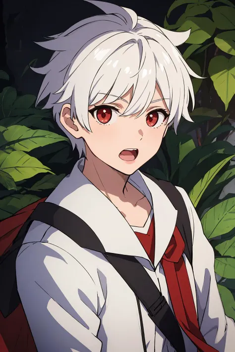 bell cranell, 1boy, solo, looking at viewer, short hair, open mouth, red eyes, upper body, white hair, male focus <lora:bell-cranel-000001:0.4> <lora:animixAnimeScreenshotLikeStyleMixLora_v10:0.3>