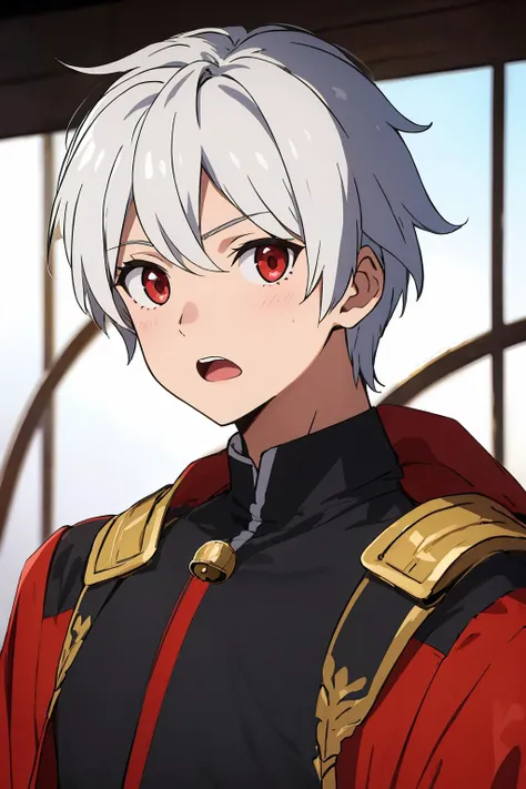 bell cranell, 1boy, solo, looking at viewer, short hair, open mouth, red eyes, upper body, white hair, male focus <lora:bell-cranel-000003:0.4> <lora:animixAnimeScreenshotLikeStyleMixLora_v10:0.3>