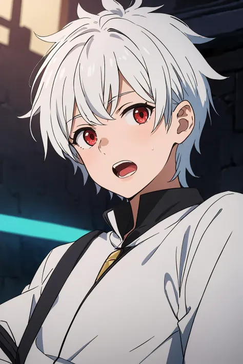 bell cranell, 1boy, solo, looking at viewer, short hair, open mouth, red eyes, upper body, white hair, male focus <lora:bell-cranel-000005:0.4> <lora:animixAnimeScreenshotLikeStyleMixLora_v10:0.3>