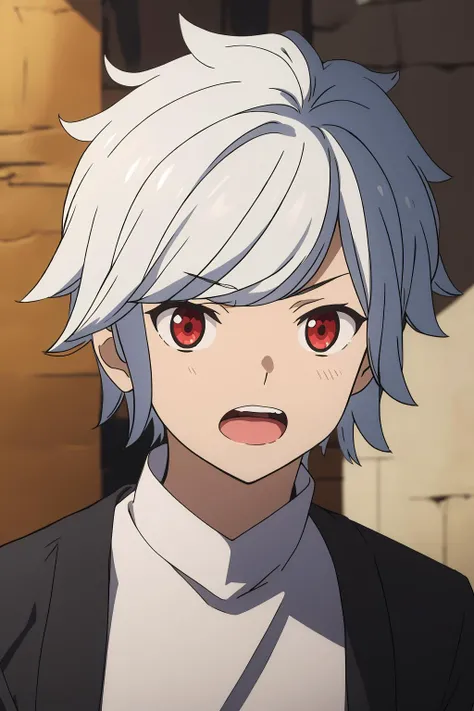 bell cranell, 1boy, solo, looking at viewer, short hair, open mouth, red eyes, upper body, white hair, male focus <lora:bell-cranel-000005:0.8>