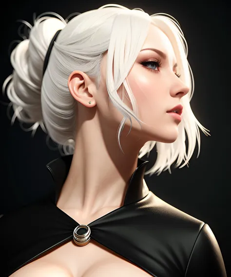 ilya kuvshinov, woman, medium white hair, pale skin, silky hair, big size breast, vampire, HDR, high quality, dynamic pose, UHD, 8K, illustration, smooth, sharp focus, soft lighting, trending on artstation, trending art, digital painting, detailed face, hy...