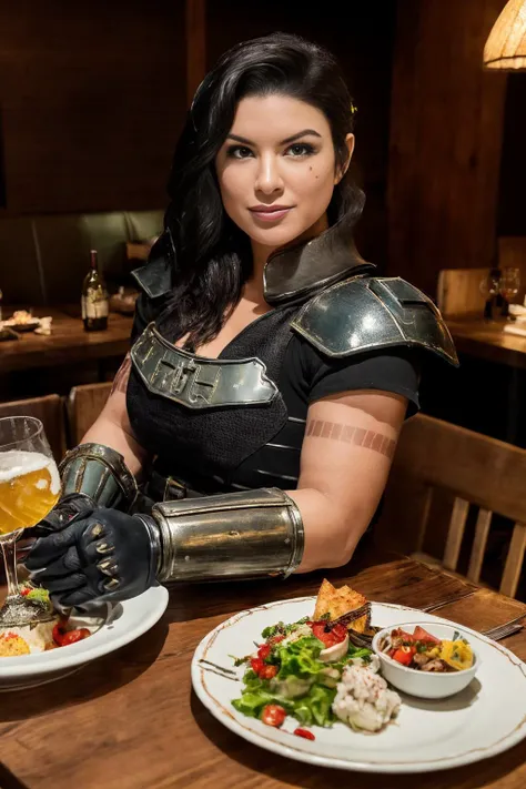 woman in armor holding a plate of food and a glass of beer