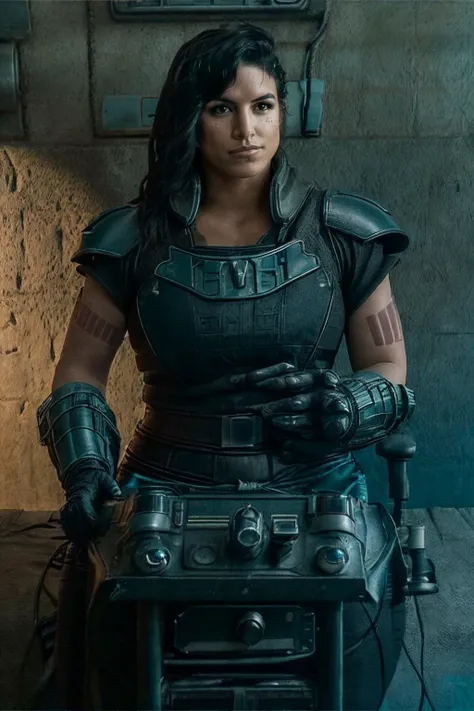 a woman in armor standing next to a table with a radio