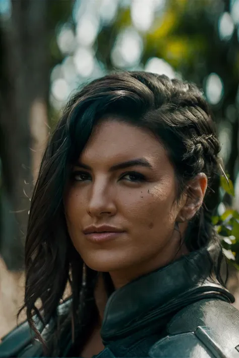 a woman in a leather jacket standing in a forest