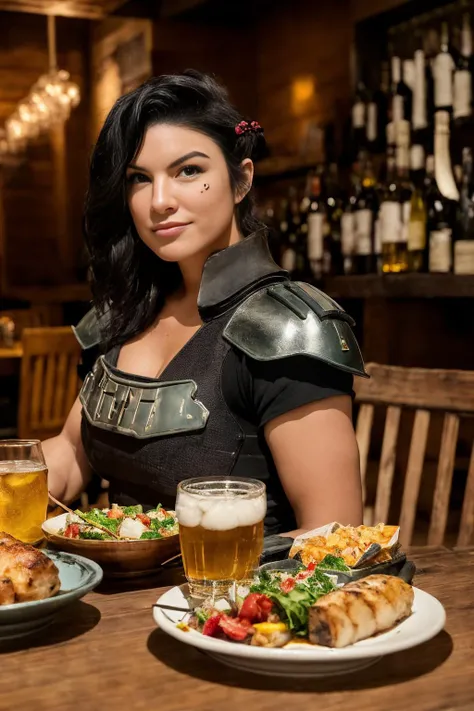 woman in armor sitting at a table with plates of food and a beer