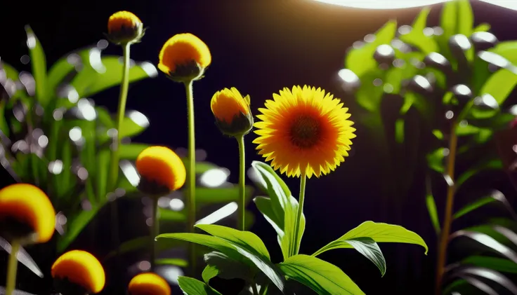 there are many yellow flowers in a field with a full moon in the background