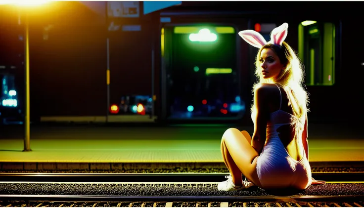 Photograph of  (high budget Hollywood film:1.2),(cinematic film still portrait of )Generate hyper realistic image of a confident and stylish woman dressed in a cute, slightly revealing bunny outfit. With neon accents and glowing accessories, she catches ev...