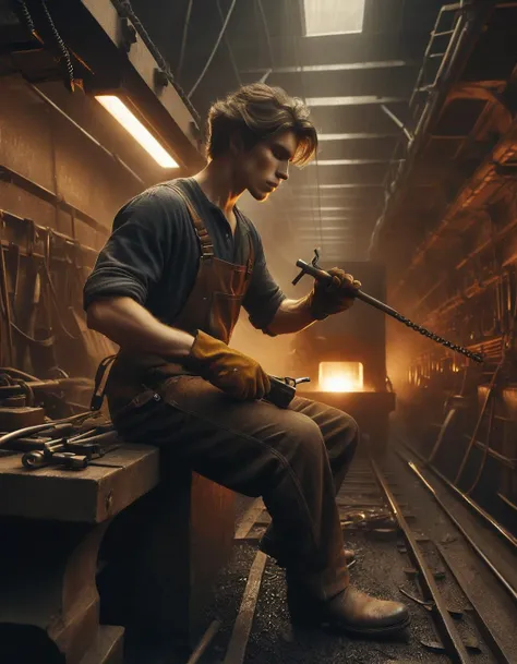 arafed man in a factory with a hammer and a hammer