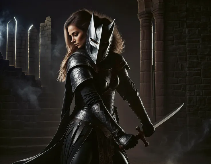 a woman in a black outfit holding a sword in a dark room