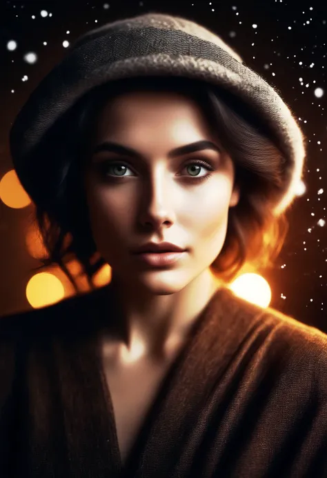 a woman with a hat and a brown sweater is looking at the camera