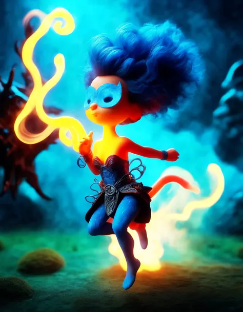 a cartoon character with blue hair and a blue mask running through a field