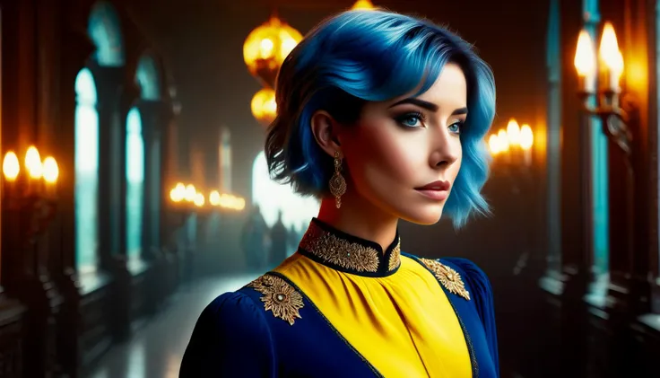 a woman with blue hair and a yellow top in a hallway