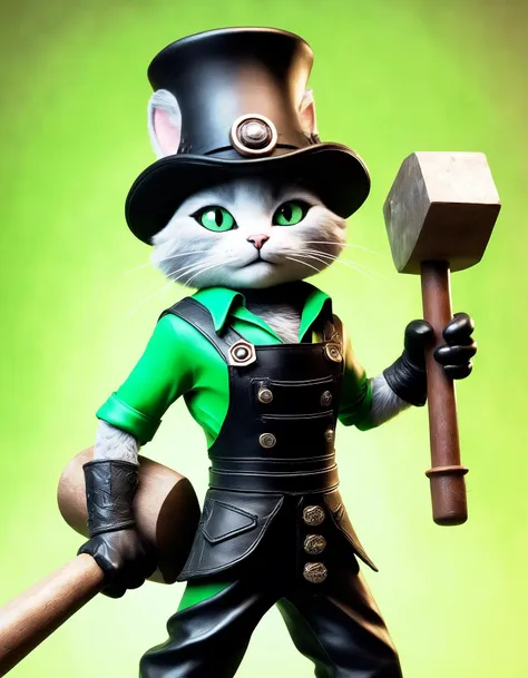 there is a cat with a top hat and a hammer