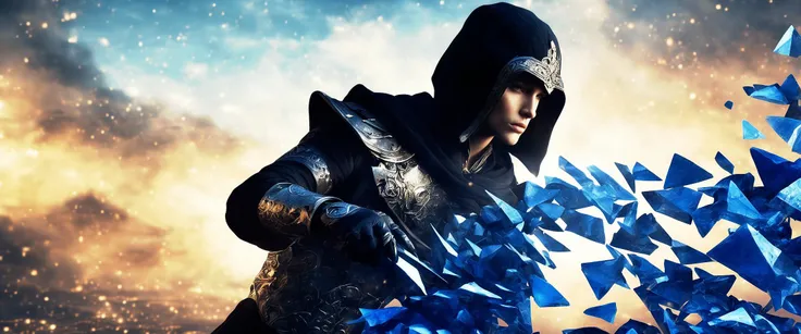 a man in a hoodedie standing in front of a pile of blue shards